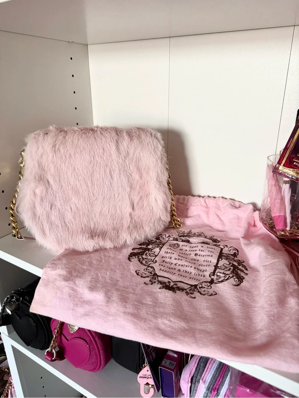 Vintage Juicy Couture Blush Pink 100% Rabbit Fur Crossbody with Gold Chain Strap